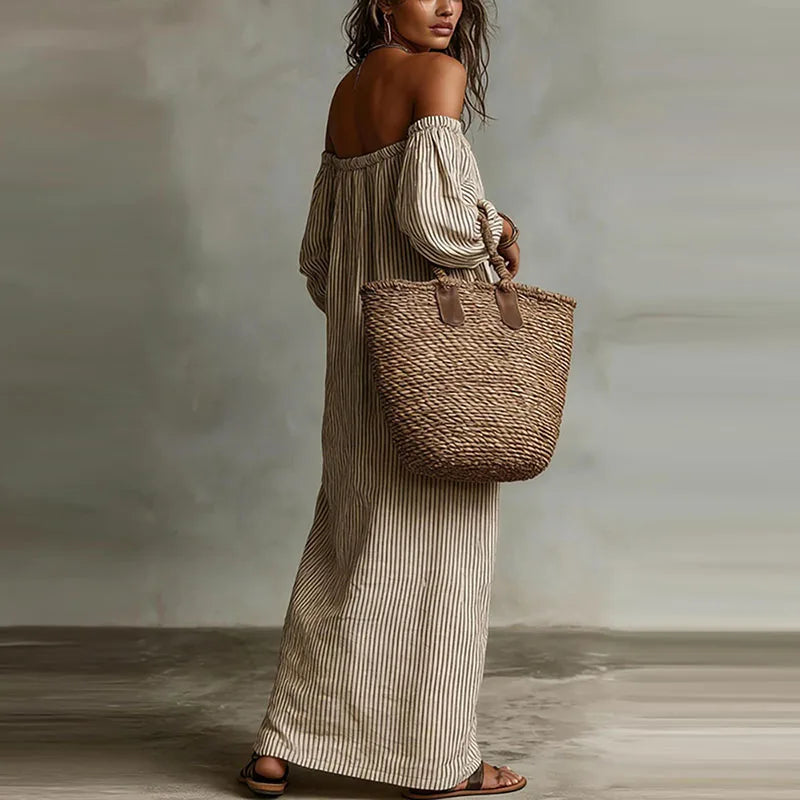 Margaux | Striped Off The Shoulder Dress Linen Maxi