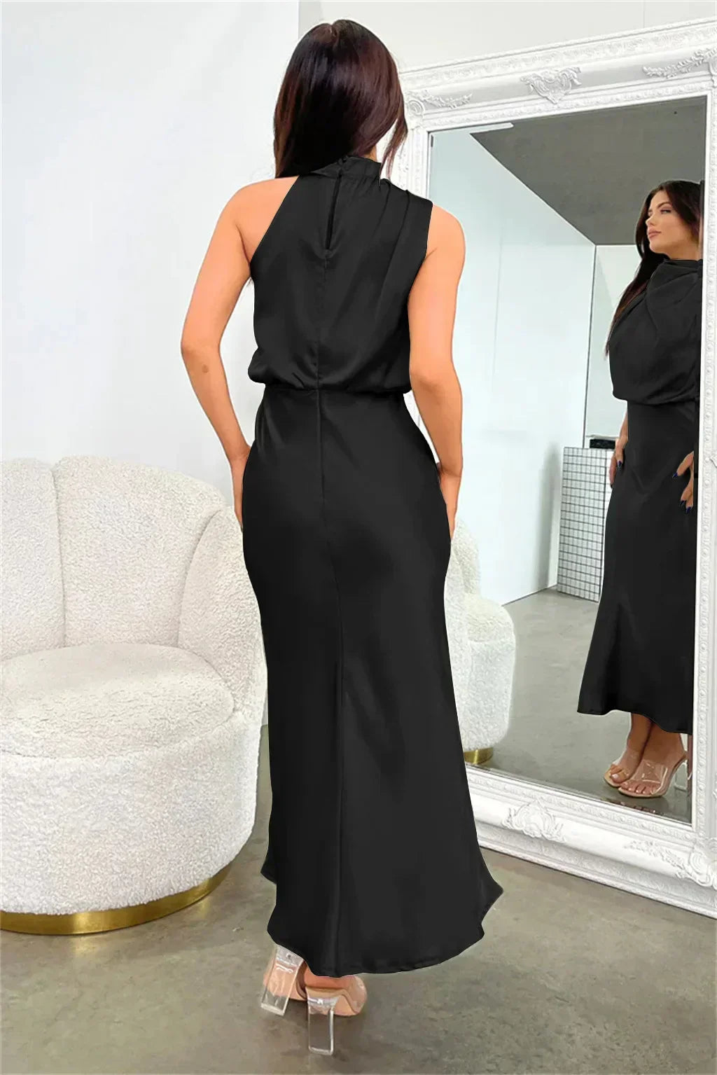 Severine | Draped Twist Satin Halter Neck Maxi Dress with Open Back