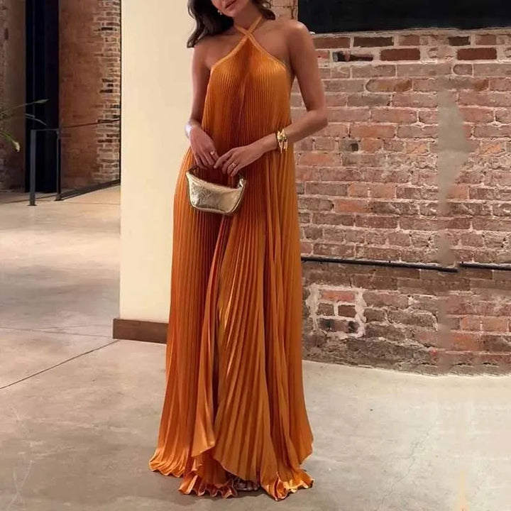 Valencia | Pleated Cross-Strap Maxi Halter Neck Wedding Guest Dress