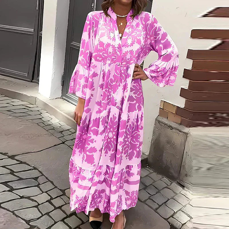 Venetia | Baroque Print Lantern Sleeve Tiered Boho Dress