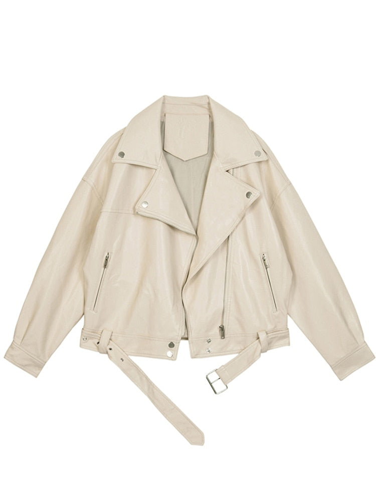 Bronte | Oversized Belted Moto Leather Jacket with Lapel Collar