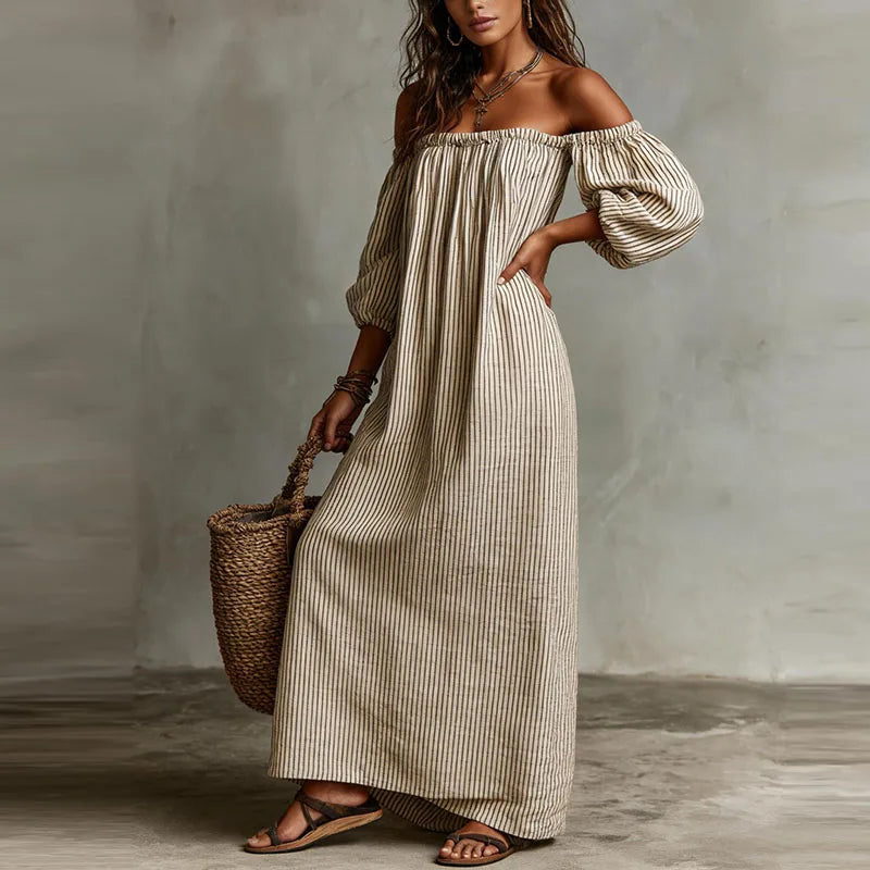 Margaux | Striped Off The Shoulder Dress Linen Maxi