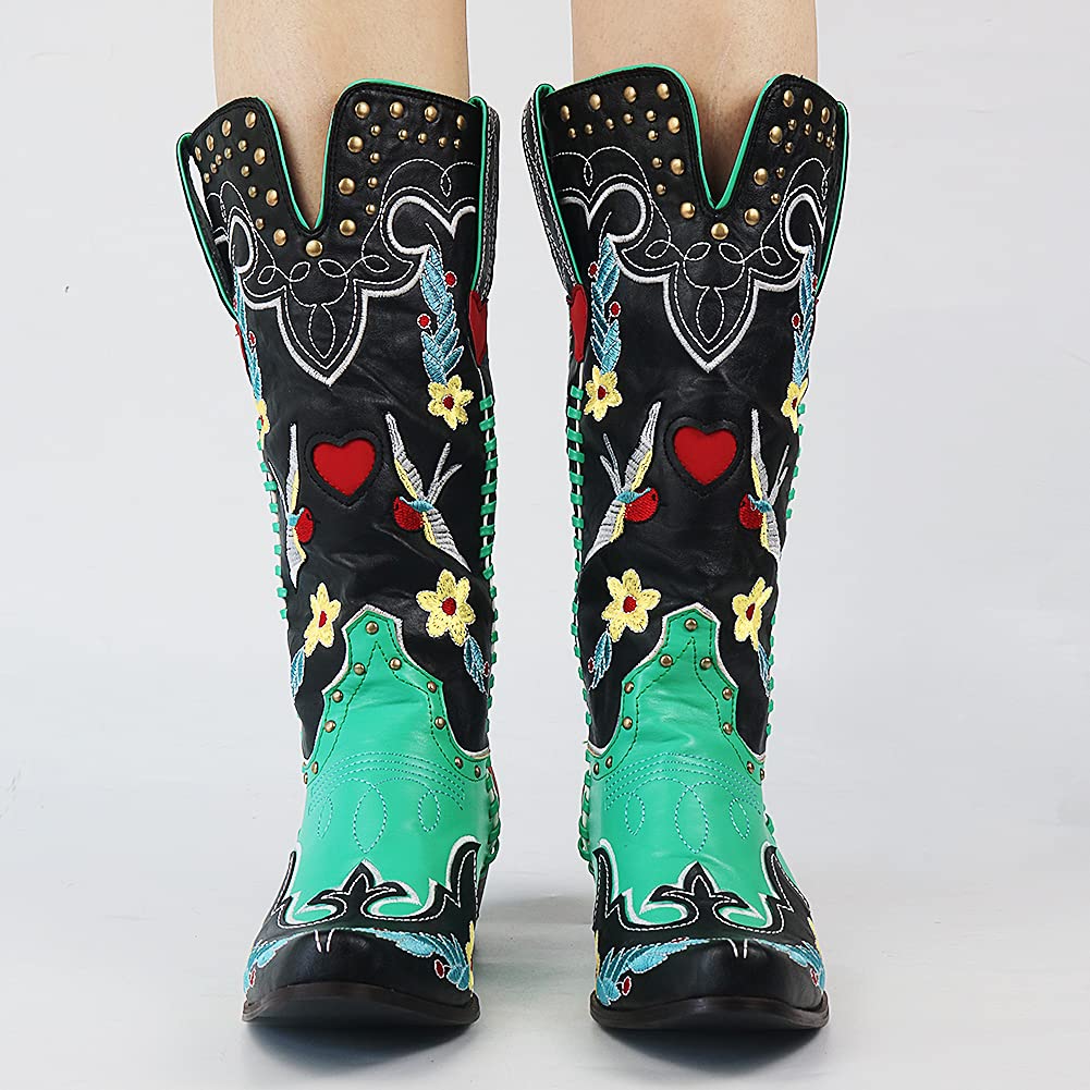 Fiesta | Floral Heart Embroidered Patchwork Knee High Womens Cowboy Boots