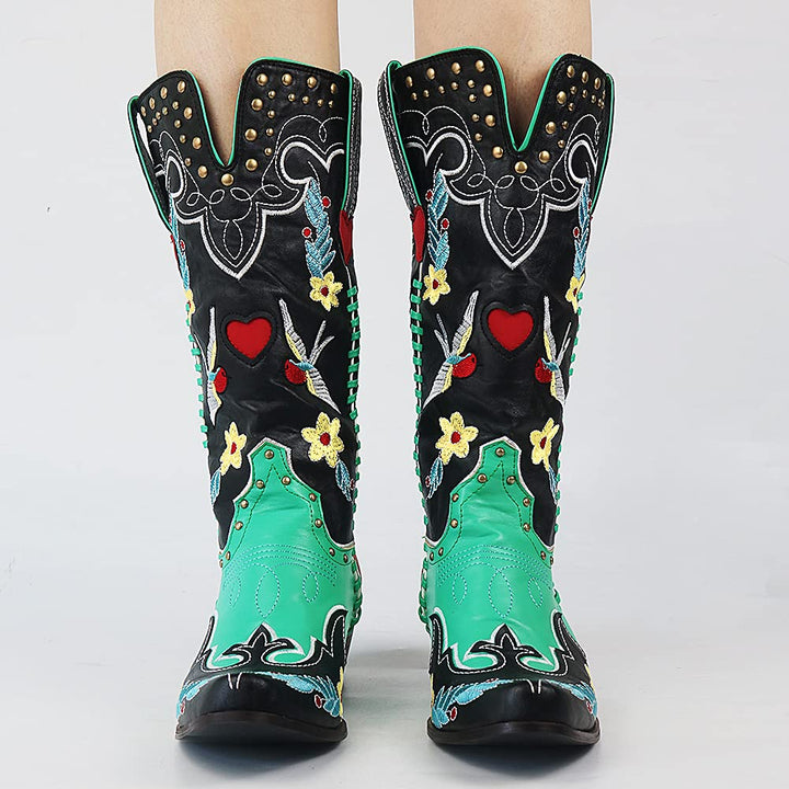 Fiesta | Floral Heart Embroidered Patchwork Knee High Womens Cowboy Boots