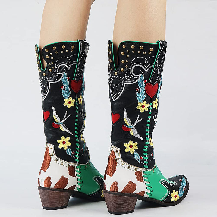 Fiesta | Floral Heart Embroidered Patchwork Knee High Womens Cowboy Boots