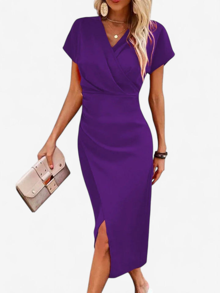 Priya | Wrap V-Neck Cap Sleeve Split Hem Bodycon Midi Formal Dress