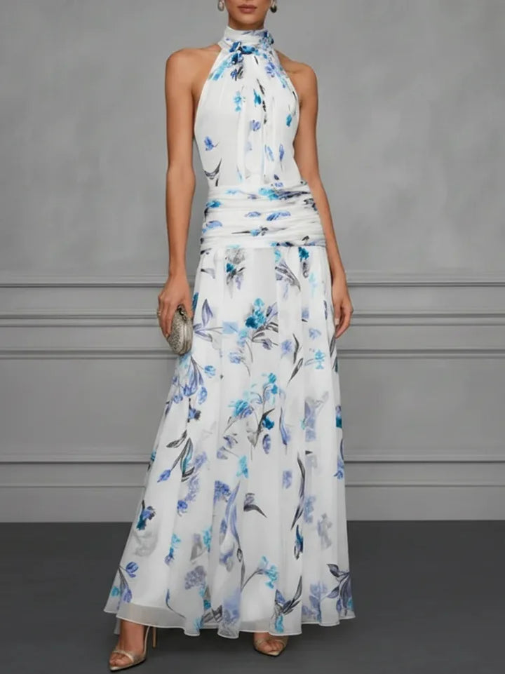 Delphine | Floral Chiffon Ruched Waist Halter Neck Maxi Dress