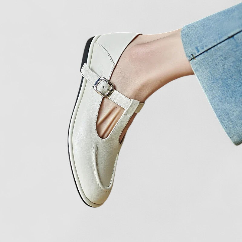Margot | Square Toe T-Bar Buckle Leather Mary Jane Flats