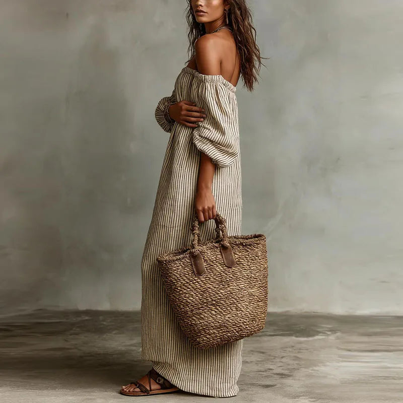 Margaux | Striped Off The Shoulder Dress Linen Maxi