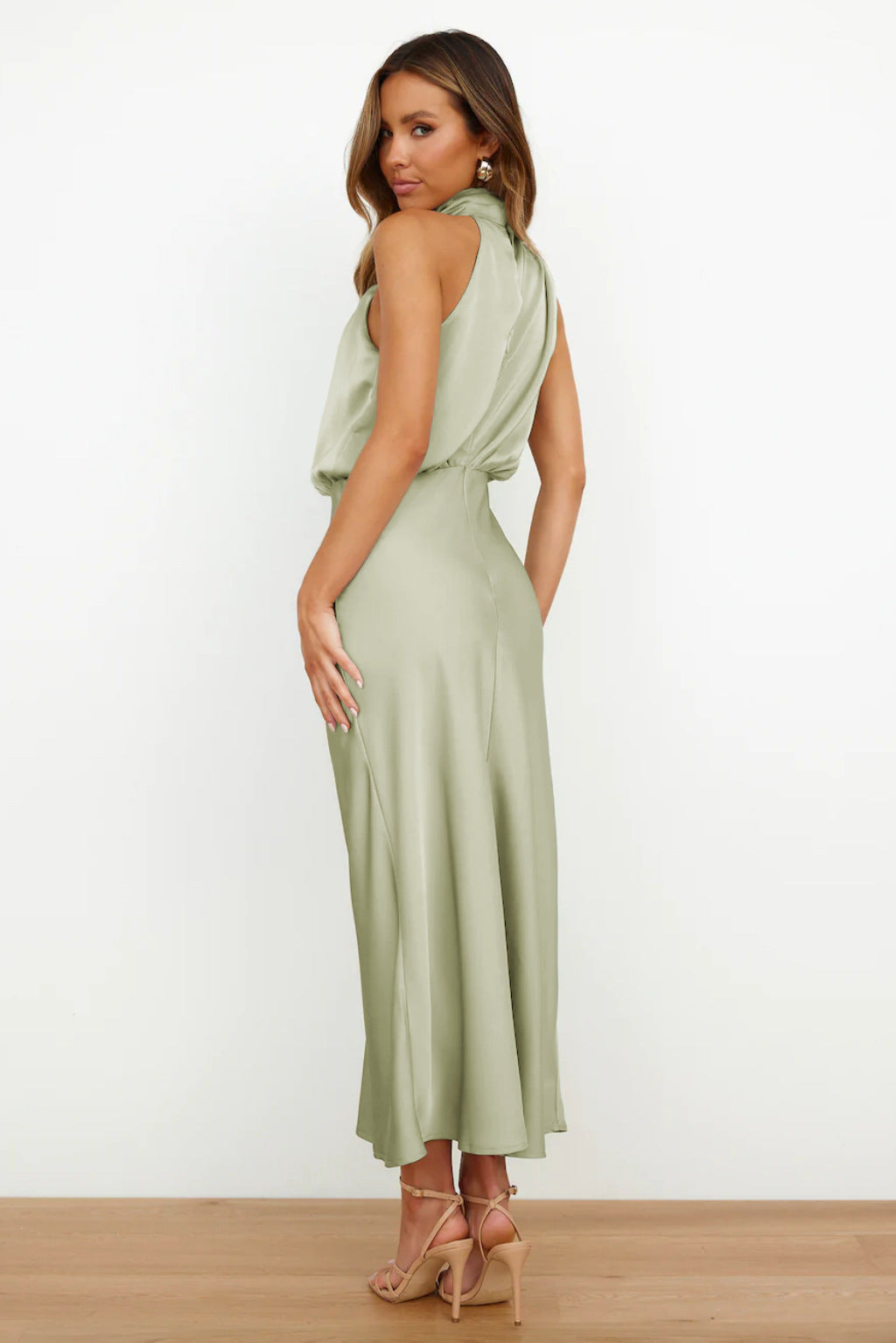 Severine | Draped Twist Satin Halter Neck Maxi Dress with Open Back