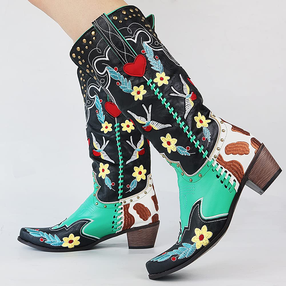 Fiesta | Floral Heart Embroidered Patchwork Knee High Womens Cowboy Boots