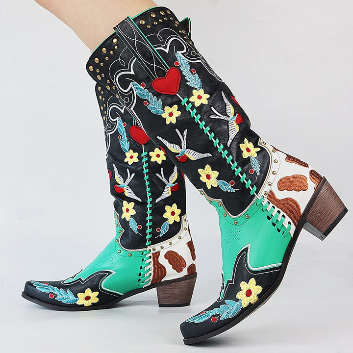 Fiesta | Floral Heart Embroidered Patchwork Knee High Womens Cowboy Boots