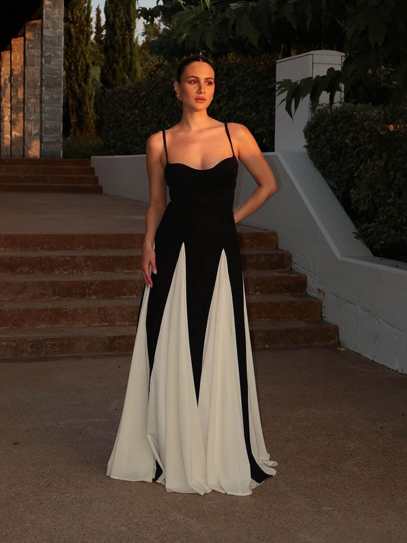 Palermo | Spaghetti Strap Contrast Panel Full Skirt Maxi Fall Wedding Guest Dress