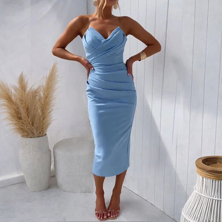 Amara | Women's Strapless Ruched Slip Dress in Midi Length