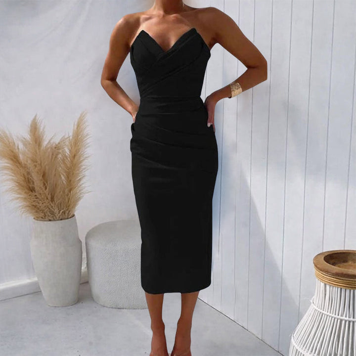 Amara | Women's Strapless Ruched Slip Dress in Midi Length