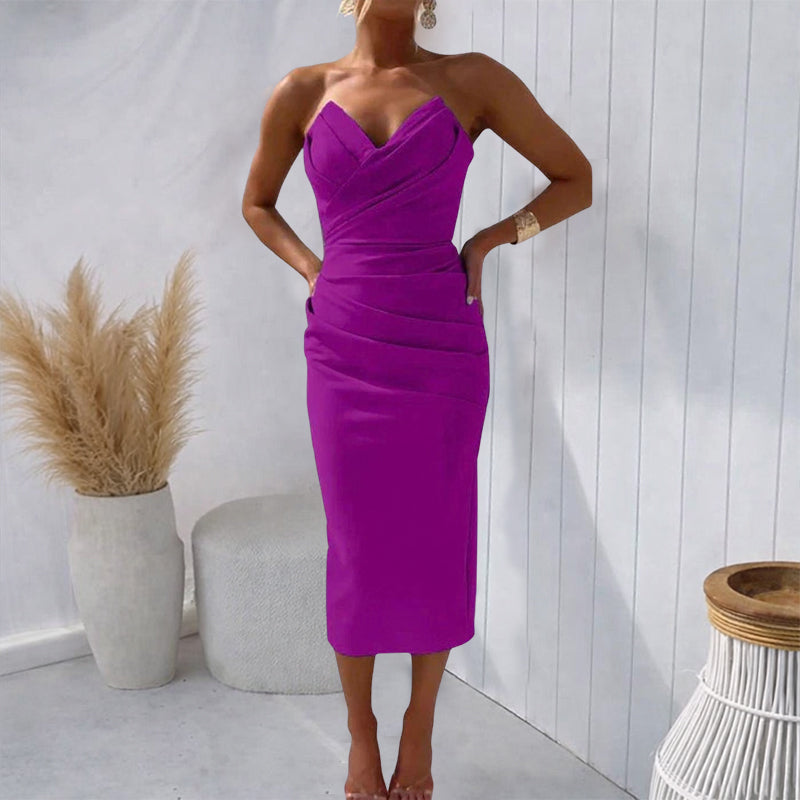 Amara | Women's Strapless Ruched Slip Dress in Midi Length