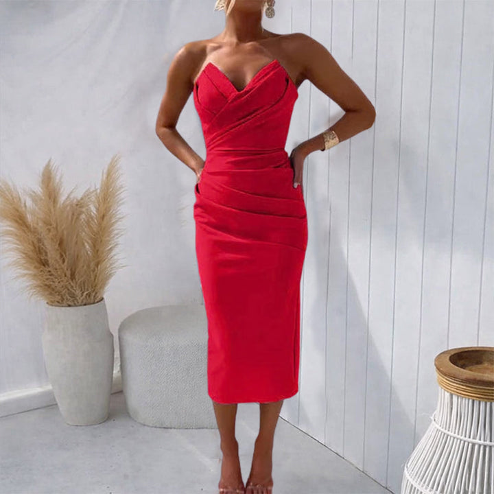 Amara | Women's Strapless Ruched Slip Dress in Midi Length