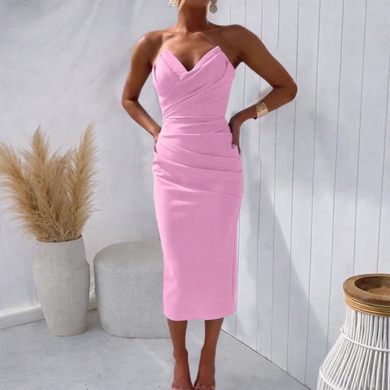 Amara | Women's Strapless Ruched Slip Dress in Midi Length