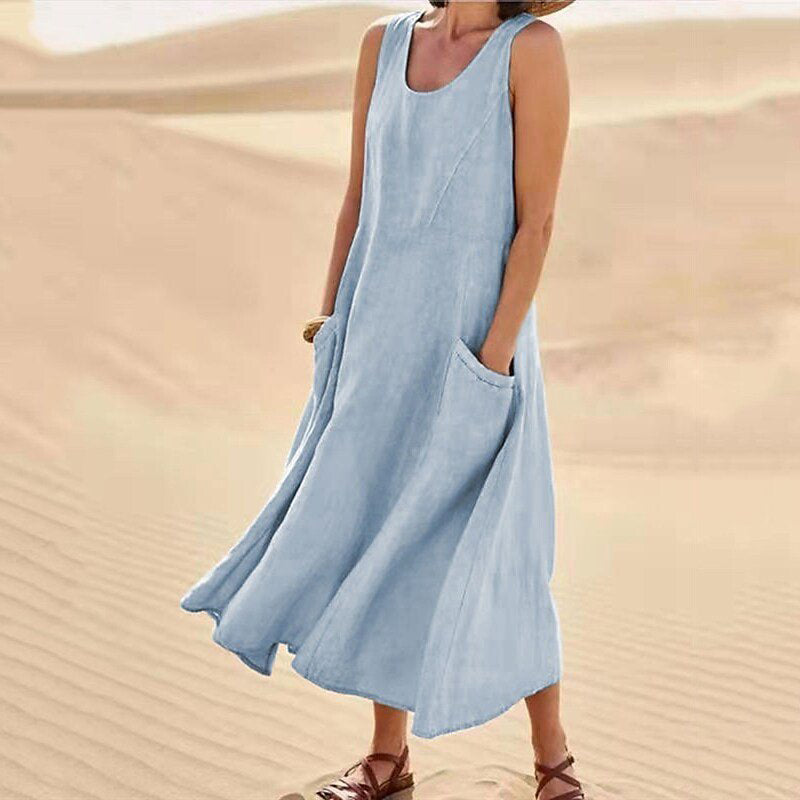 Sofia | Women's Sleeveless Linen Maxi Dress with Pockets