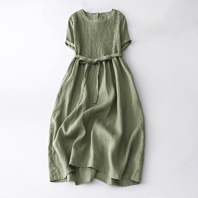 Amoretti | Pin-Tuck Bodice Womens Pleated Midi Dress with Tie Waist