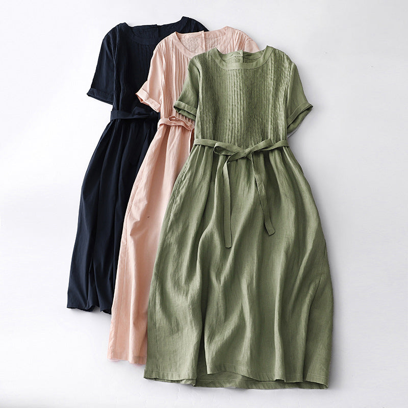 Amoretti | Pin-Tuck Bodice Womens Pleated Midi Dress with Tie Waist