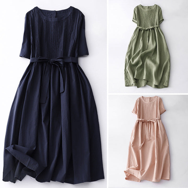 Amoretti | Pin-Tuck Bodice Womens Pleated Midi Dress with Tie Waist