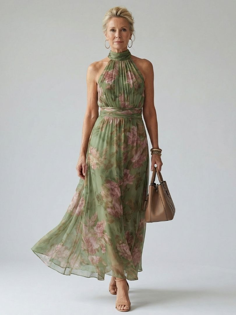 Rosalind | Gathered Floral Chiffon Halter Neck Maxi Dress