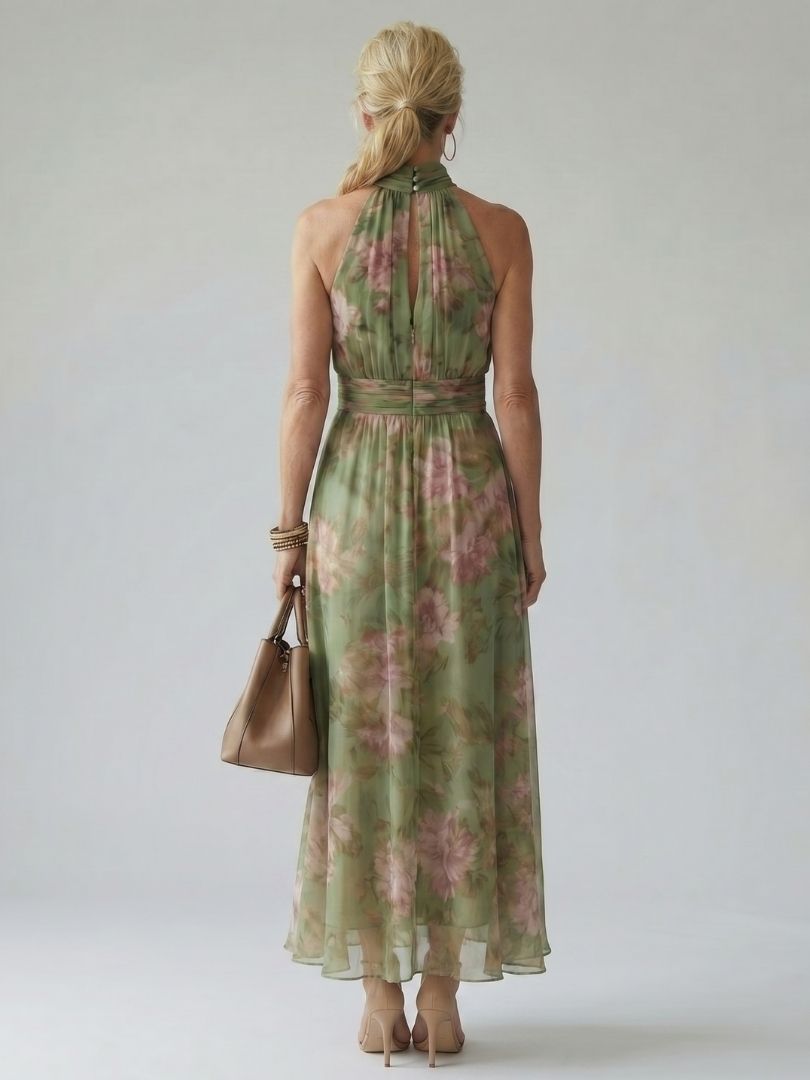 Rosalind | Gathered Floral Chiffon Halter Neck Maxi Dress
