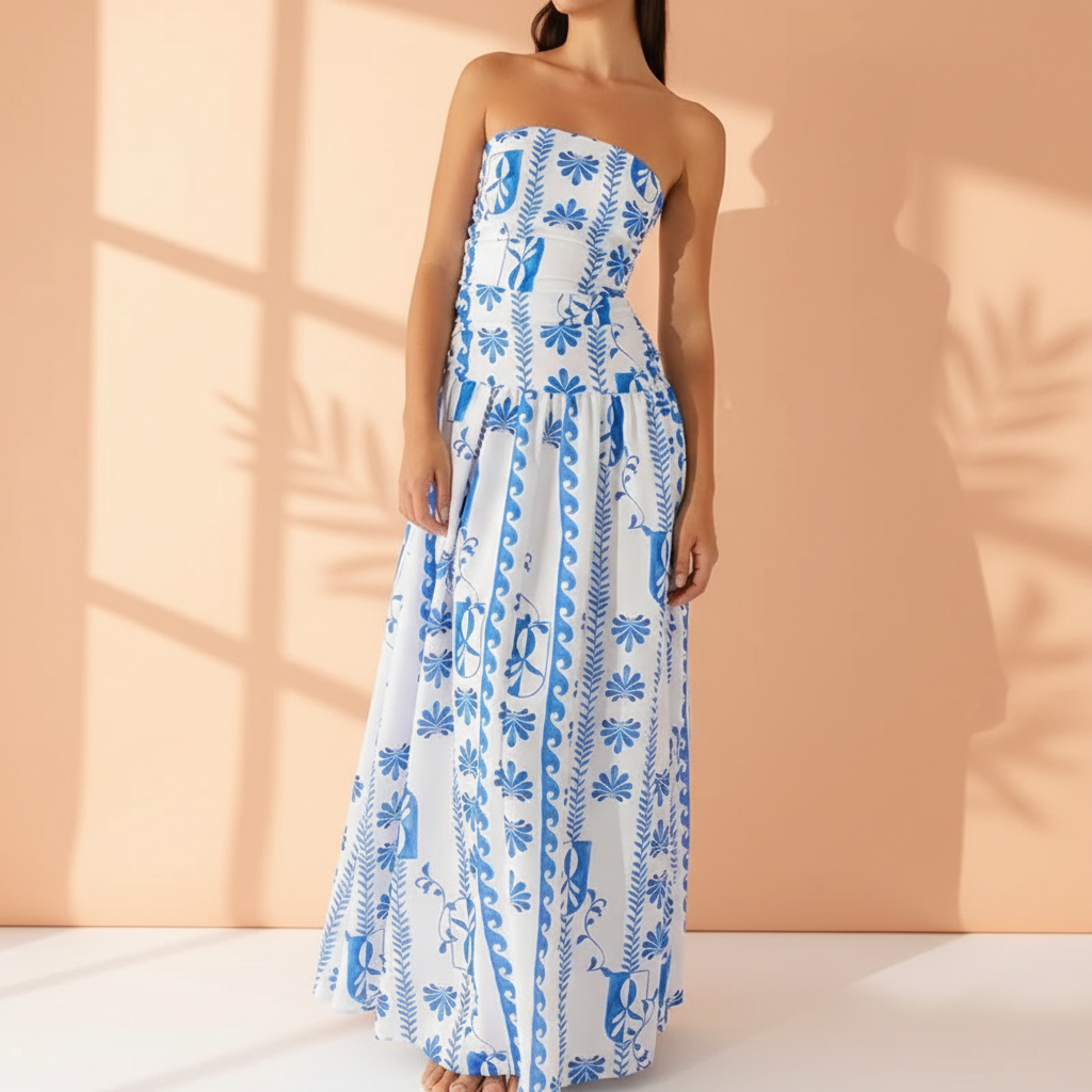 Santorini | Strapless Tile Print Smocked Maxi Dress