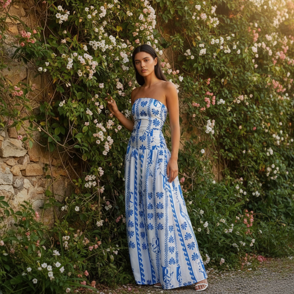 Santorini | Strapless Tile Print Smocked Maxi Dress
