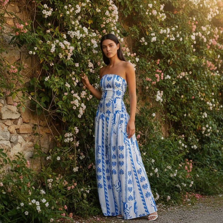 Santorini | Strapless Tile Print Smocked Maxi Dress