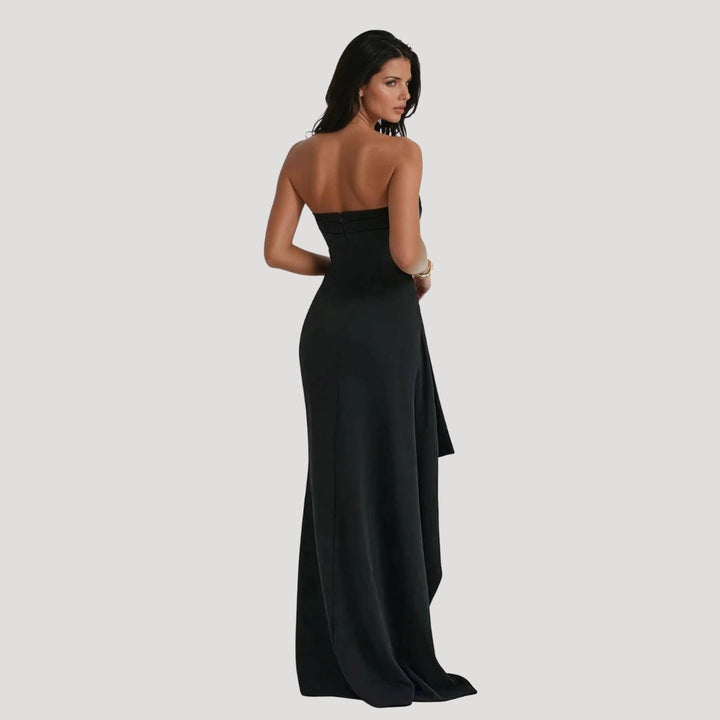 Roxanne | Strapless Ruched High Slit Dramatic Maxi Dress