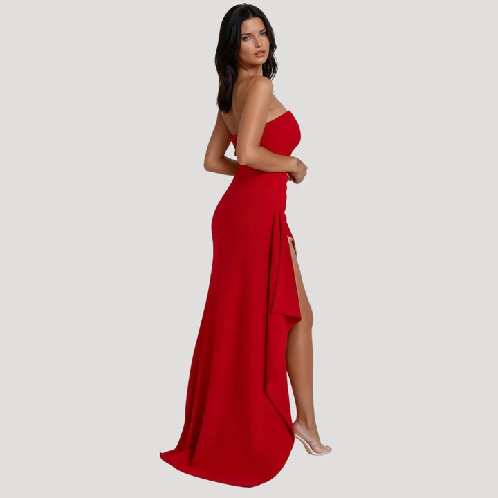 Roxanne | Strapless Ruched High Slit Dramatic Maxi Dress