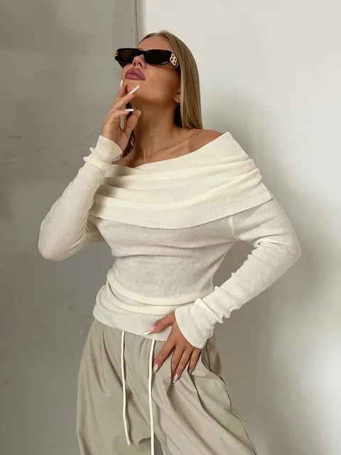Sasha | Off Shoulder Knit Top – Women's Slim Fit Long Sleeve Top