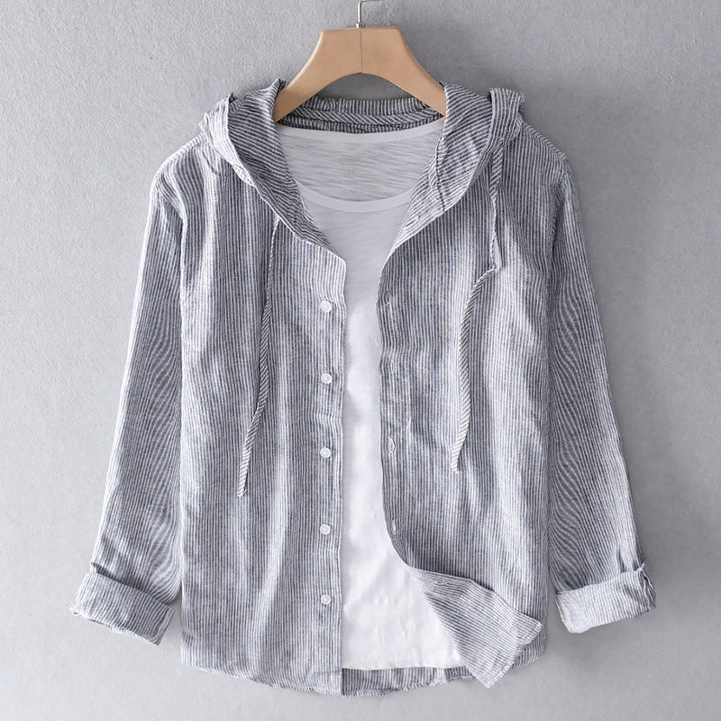Sunset | Striped Hooded Button-Down Linen Tunic Blouse