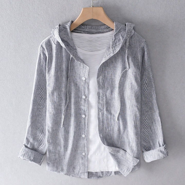 Sunset | Striped Hooded Button-Down Linen Tunic Blouse