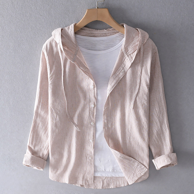 Sunset | Striped Hooded Button-Down Linen Tunic Blouse
