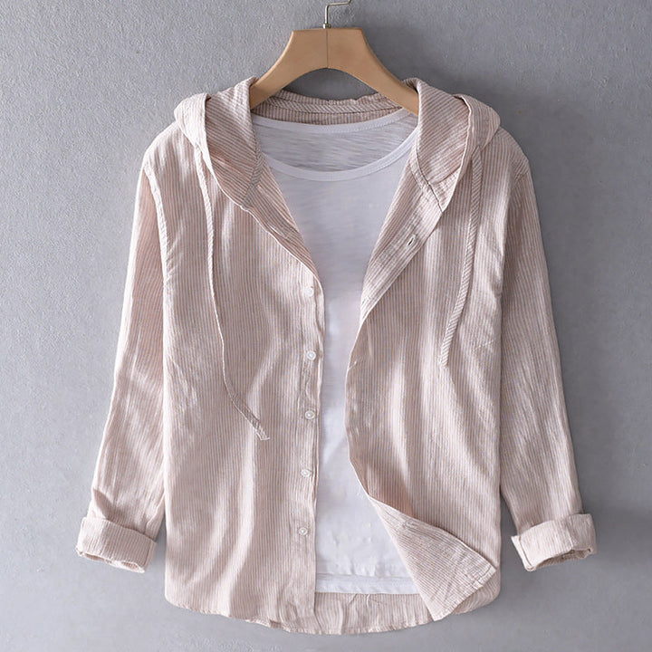 Sunset | Striped Hooded Button-Down Linen Tunic Blouse