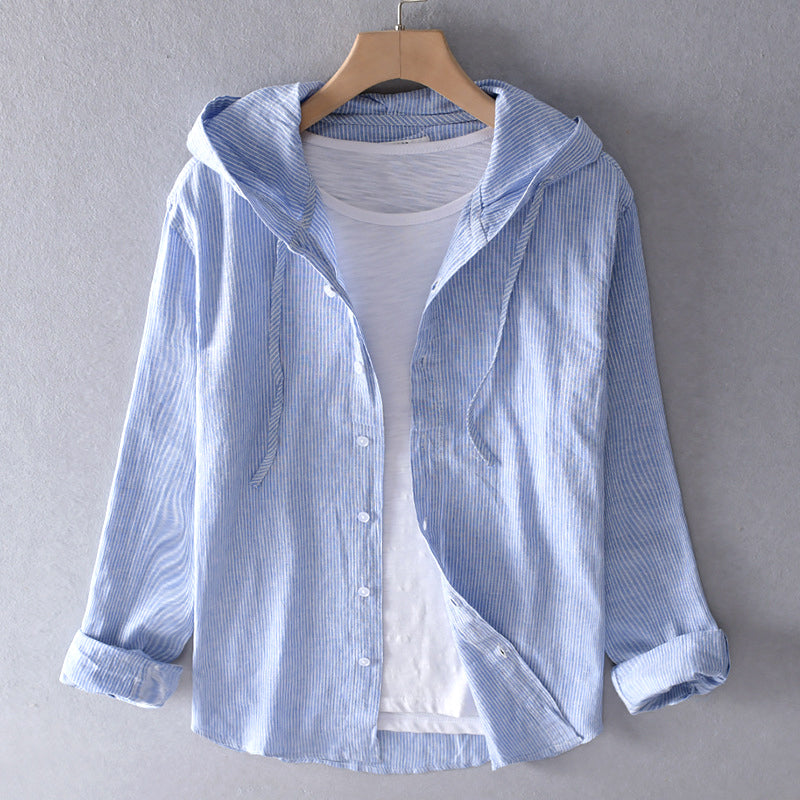 Sunset | Striped Hooded Button-Down Linen Tunic Blouse