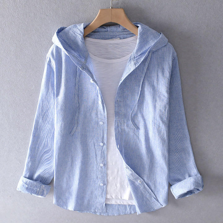Sunset | Striped Hooded Button-Down Linen Tunic Blouse