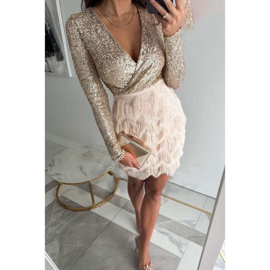 Tessa | Sequin Wrap V-Neck Fringe Skirt Homecoming Mini Dress