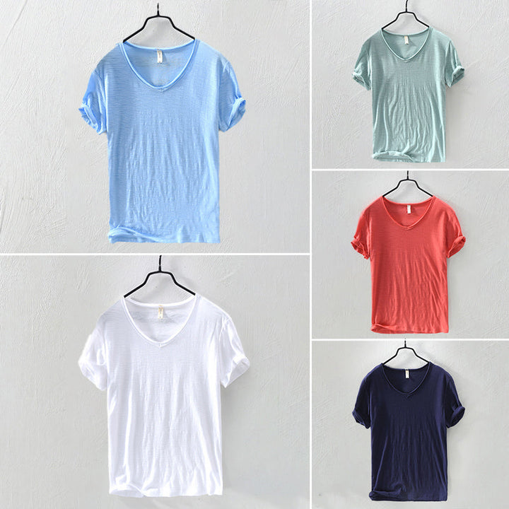 Sydney | Relaxed V Neck Slub Cotton Plain Mens T Shirt