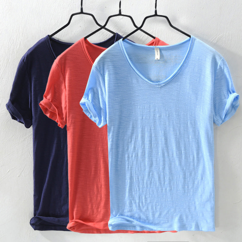 Sydney | Relaxed V Neck Slub Cotton Plain Mens T Shirt