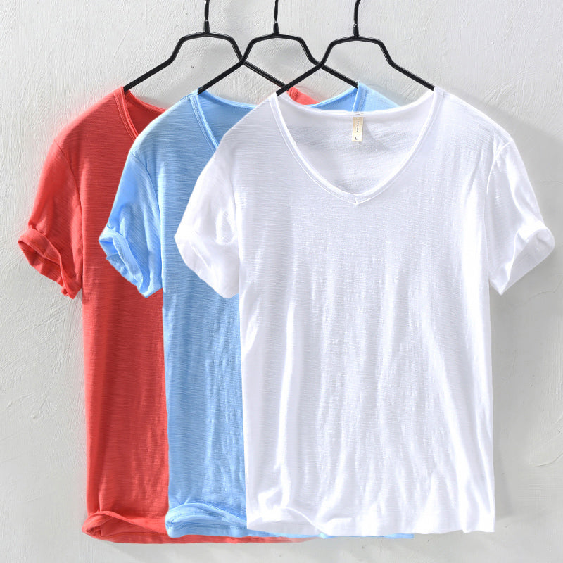Sydney | Relaxed V Neck Slub Cotton Plain Mens T Shirt