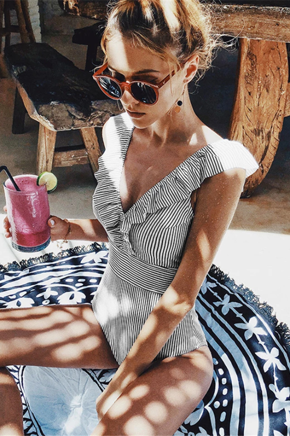 Regatta | Stripe Ruffle Shoulder V-Neck One Piece Swimsuit