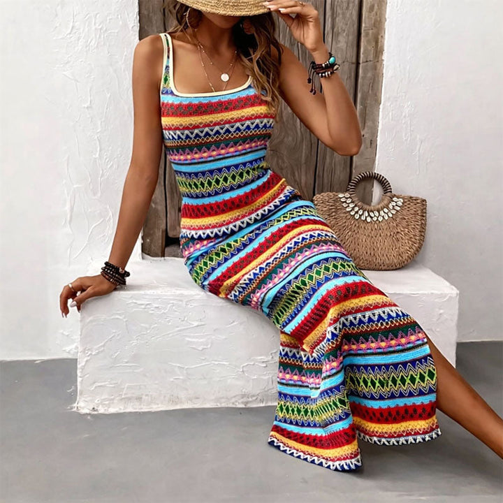 Valentina | Women's Boho Print Knit Slip Dress in Maxi