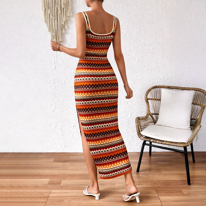 Valentina | Women's Boho Print Knit Slip Dress in Maxi