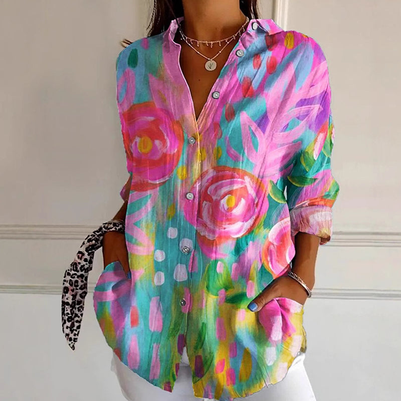 Splash | Abstract Floral Print Oversized Button Womens Blouse