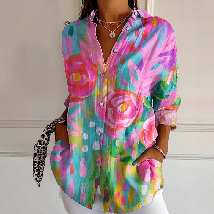 Splash | Abstract Floral Print Oversized Button Womens Blouse