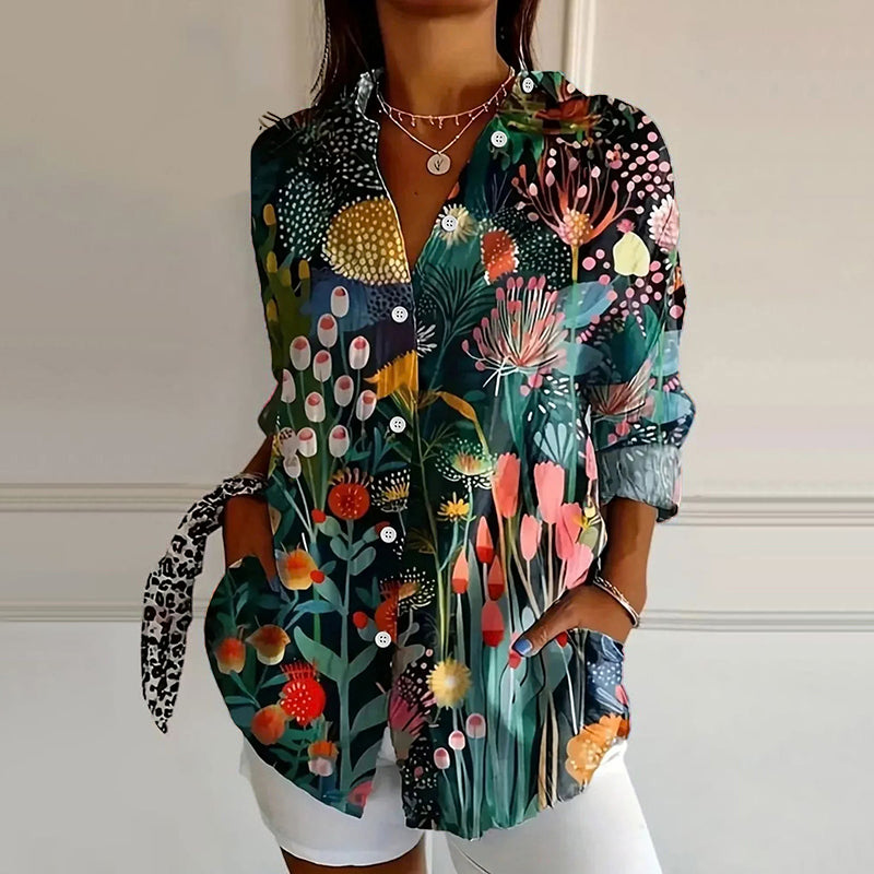 Splash | Abstract Floral Print Oversized Button Womens Blouse